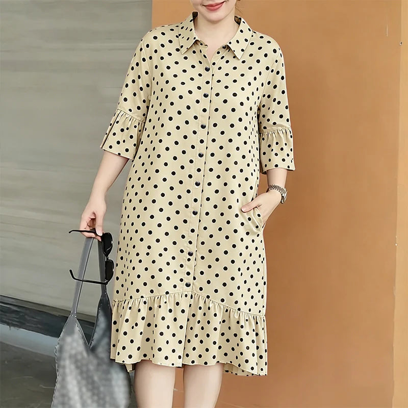 ZANZEA Summer Elegant Lapel Neck Short Sleeve Sundress Polka Dots Printed Women Dress Stylish Casual Holiday Beach Midi Dresses