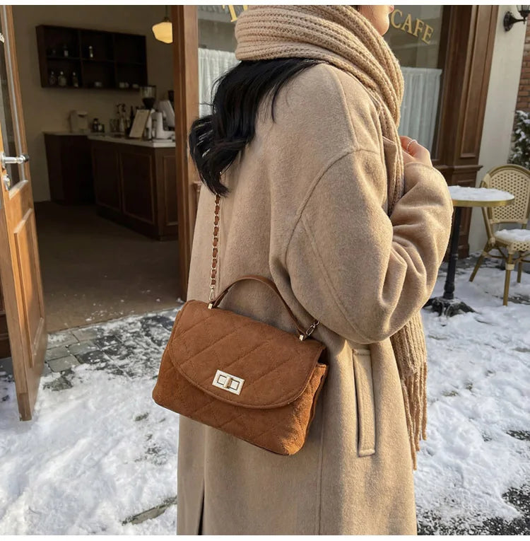 Diamond Grid Chain Crossbody Bag One Shoulder Purse Trendy Flip Top Clutch Women's Fashion Suede Leather Casual Shoulder Bag