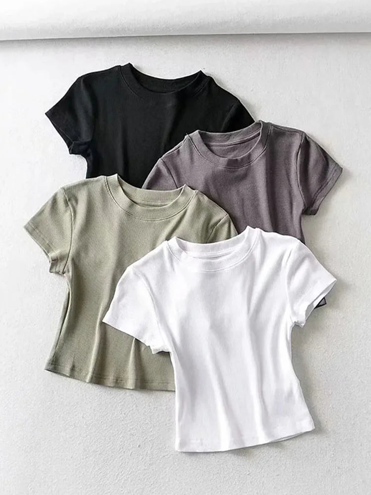 Summer Sexy Women'S O-Neck Short-Sleeve T-Shirt Slim Elastic Skinny Crop Tops