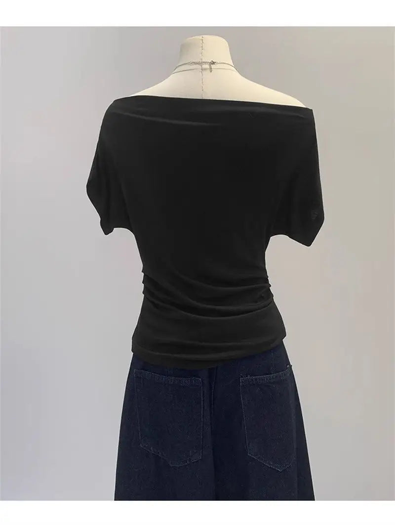 Summer One Shoulder Black Women's T-shirt Short Sleeve Korean Style Slimming Top Exposed Shoulder Fashionable