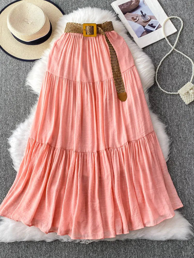 White Casual Mid-Length Puffy Skirt Women's Summer High Waist Slimming Cake Skirt Korean Sle Commute A-Line Skirt
