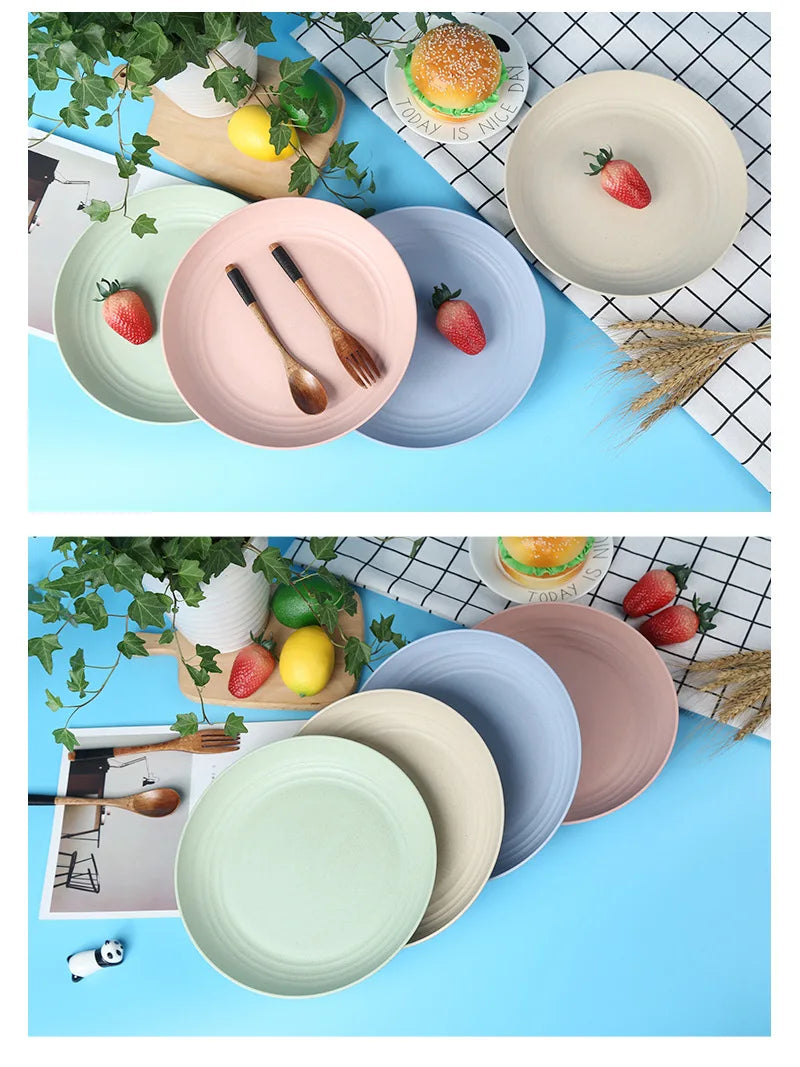 4Pcs Dinner Plate Set Wheat Straw Eco Friendly BPA Free Biodegradable Picnic Fruit Snack Plate Bone Dishes Kitchen Accessories