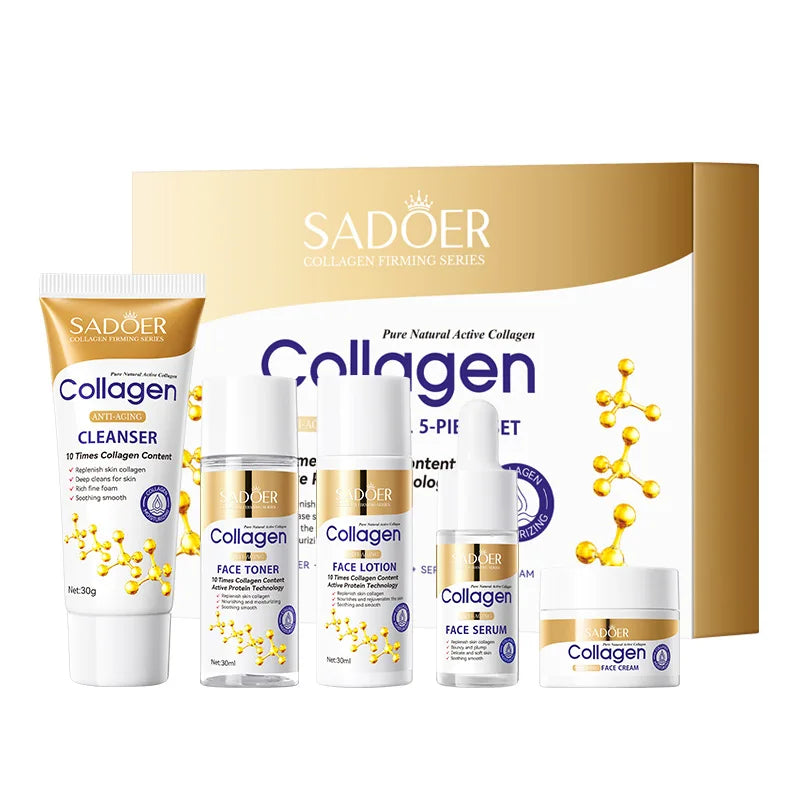 5pcs SADOER Collagen Skin Care Sets Moisturizing Face Cream Eye Cream Serum Essence Whitening Anti-Aging Facial Skin Care Kit
