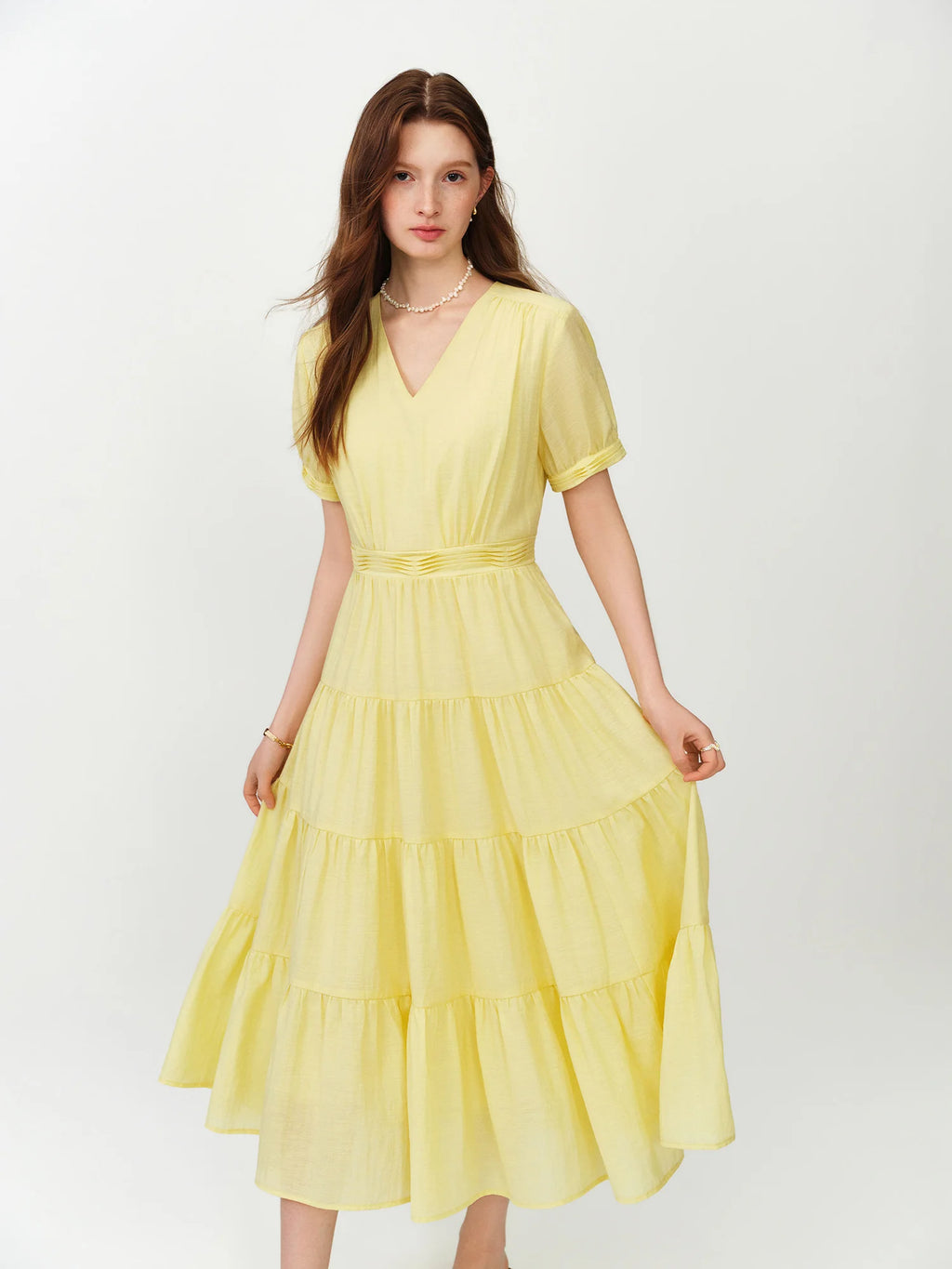 FSLE V-neck Puff Sleeve Pleated Waist Dresses Women New Summer 2026 High-waisted Cut Short Sleeve Mid-calf Length Fairy Dress