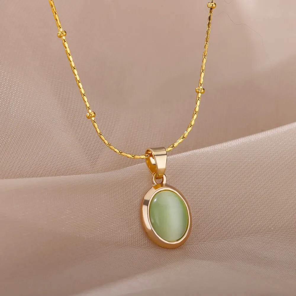 Fashion Stone Opal Oval Necklace For Women'S Stainless Steel Gold Color Oval Stone Pendant Necklace Wedding Aesthetic Jewelry