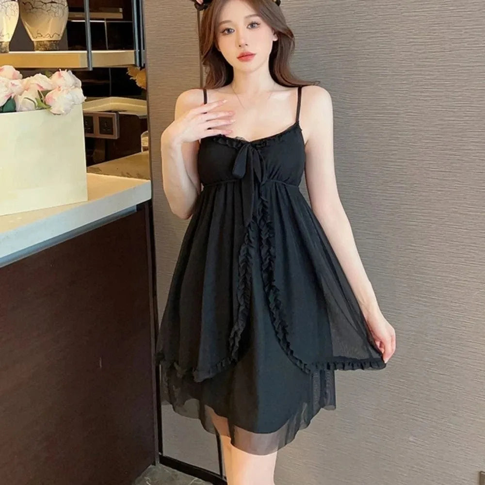 Lace Bowknot Women Pajama Dress Nightgown Sleeveless Homewear Sleeping Dress Robe Set Ruffle Sleepwear Sling Nightgown with Pads