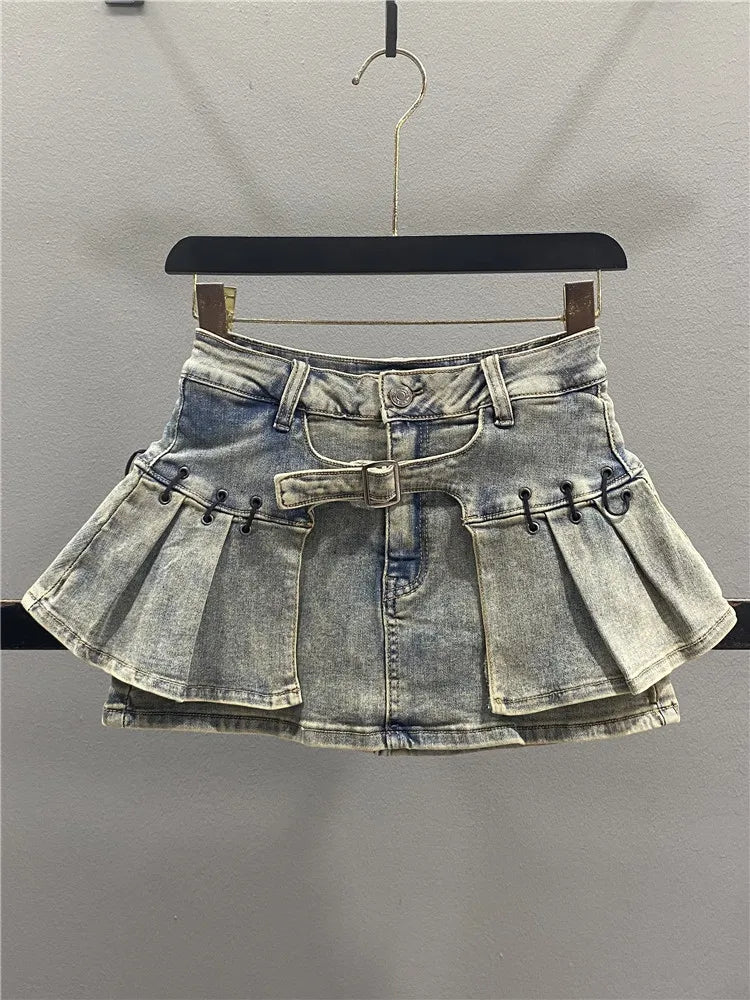Retro American Denim  Skirt Women's Spring Summer Design Slimming Sexy A-Line Pleated Short Skirt High Waist Cotton Polye...