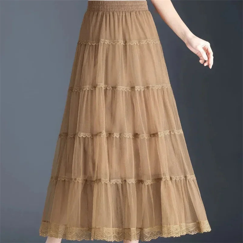 Pop Pop Long Tulle Skirt Women 2024 Spring Summer Elastic High Waist A-Line Mesh Pleated Puffy Skirt Female Elegant Lace Midi Sk