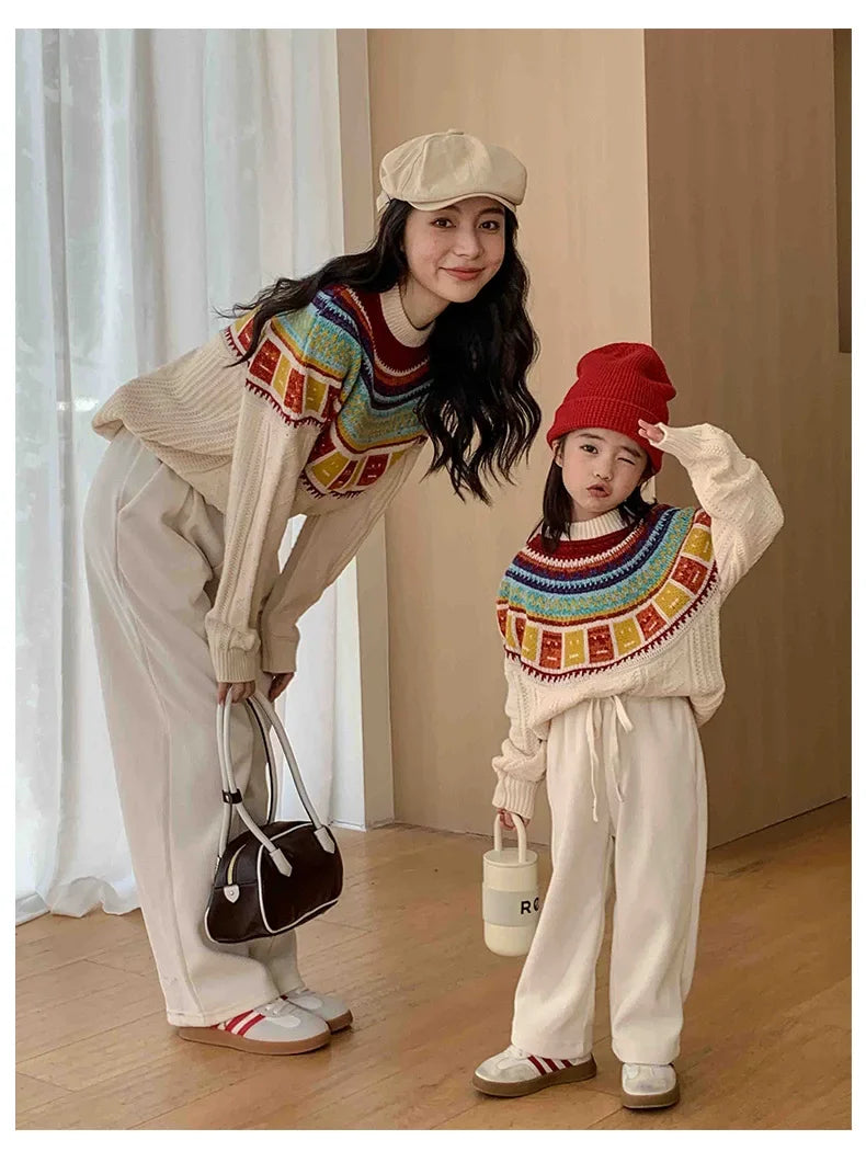Women Sweater Print Family Daughter Matching Equal Mother Same Knit Top Pullover Baby Knitwear Clothes Knitted Jumper Holiday