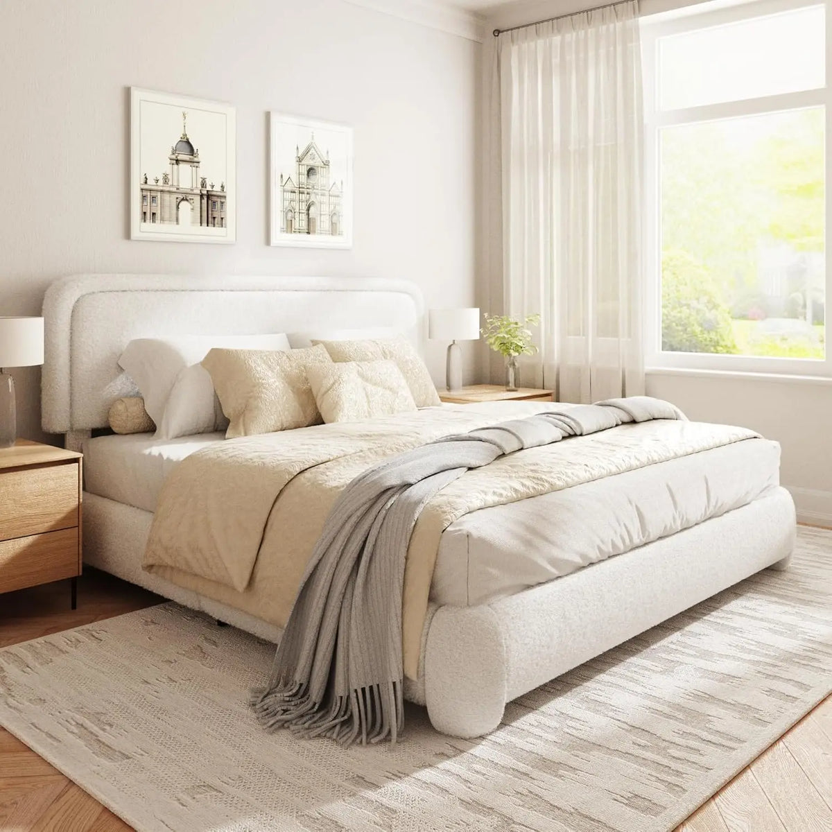 Boucle Upholstered Platform Bed with Adjustable Headboard & Rounded Corners, King Size, No Box Spring, Noise Free, White, Custom