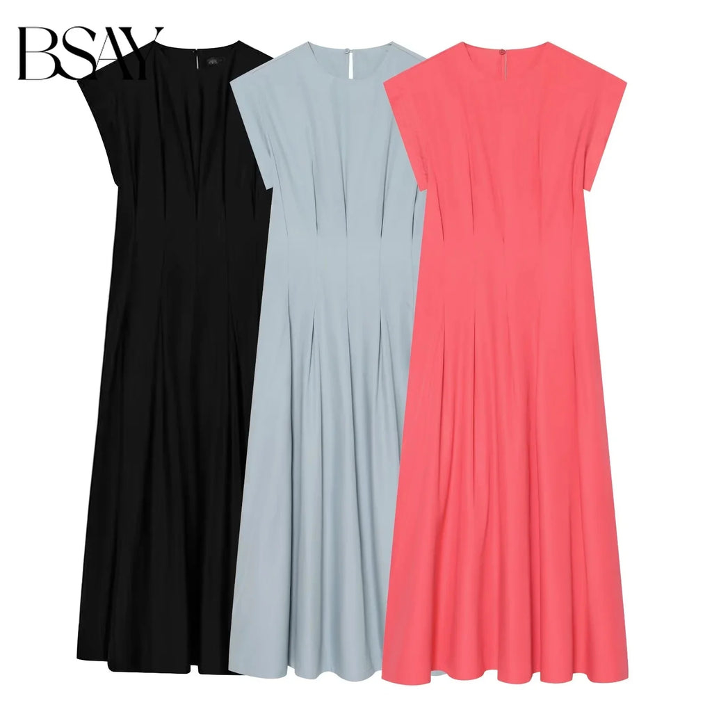 BSAY 2026 Minimalist Solid Color Long Dress Ladies Round Neck Cap Sleeve Waist Flowy A Line Maxi Dress Casual Vacation Sundress