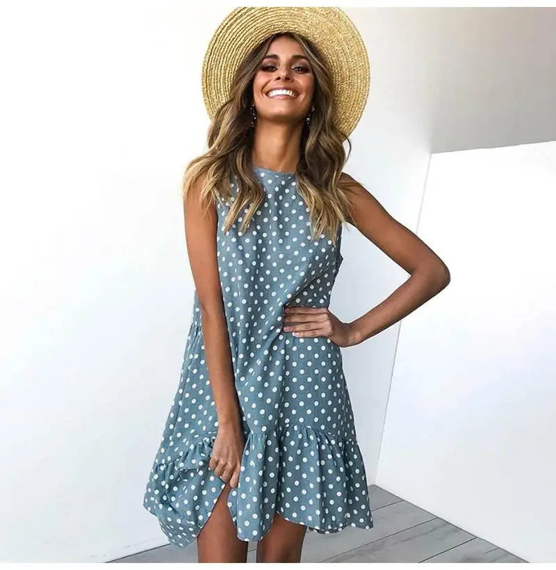 2020 Summer round Neck Sleeveless Polka Dot Loose A-Line Dress with Lace Hem Long Evening Gown Women's Fashion Casual Dress
