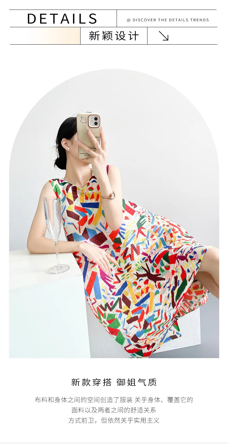 2026 Summer Retro Print Design Flared Dress Women Loose Fit Plus Size Fashion Elegant Sleeveless Dress Travel Vacation Wear