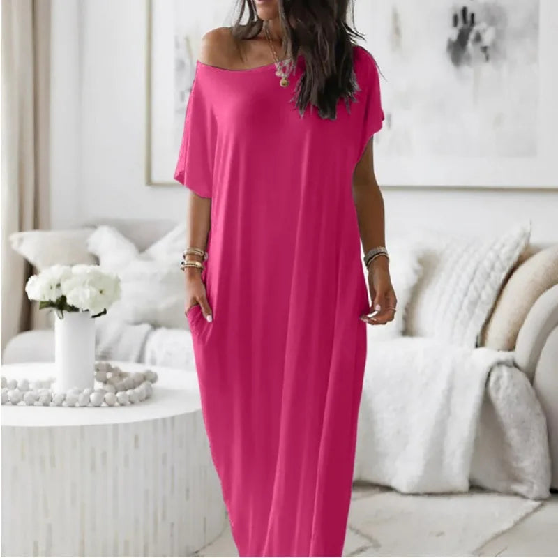 Women's Summer Solid Short Sleeve Maxi Dress Casual Loose Fit for Beach Holiday and Daily Leisure