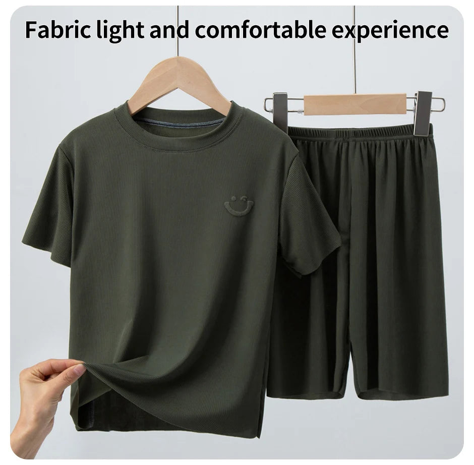 2-piece Summer Children's Solid Color Ice Silk Suit Boys Casual Fashion Cool Short-sleeved Girl Han Fan Joker Shorts Home Clothe