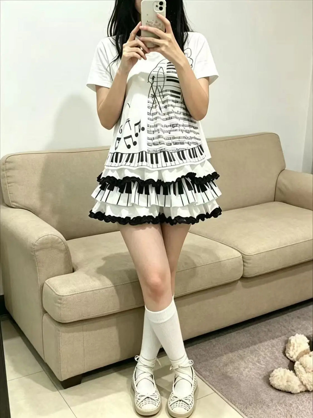 Y2K Black White Print Mini Skirt Women Slim Design Ruffle Layered A Line Skirt Elastic Waist Harajuku Pleated Short Piano Skirts