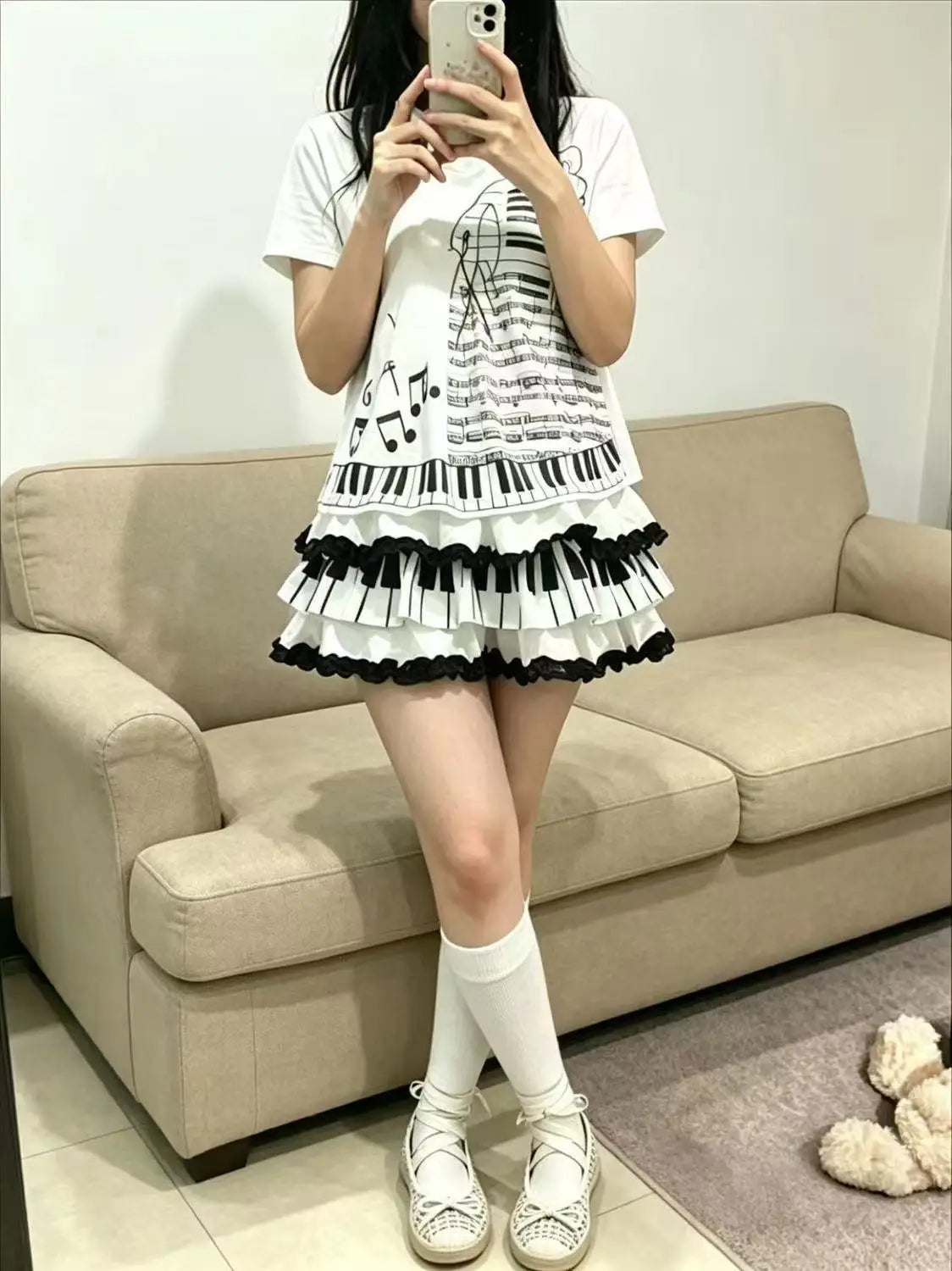 Y2K Black White Print Mini Skirt Women Slim Design Ruffle Layered A Line Skirt Elastic Waist Harajuku Pleated Short Piano Skirts