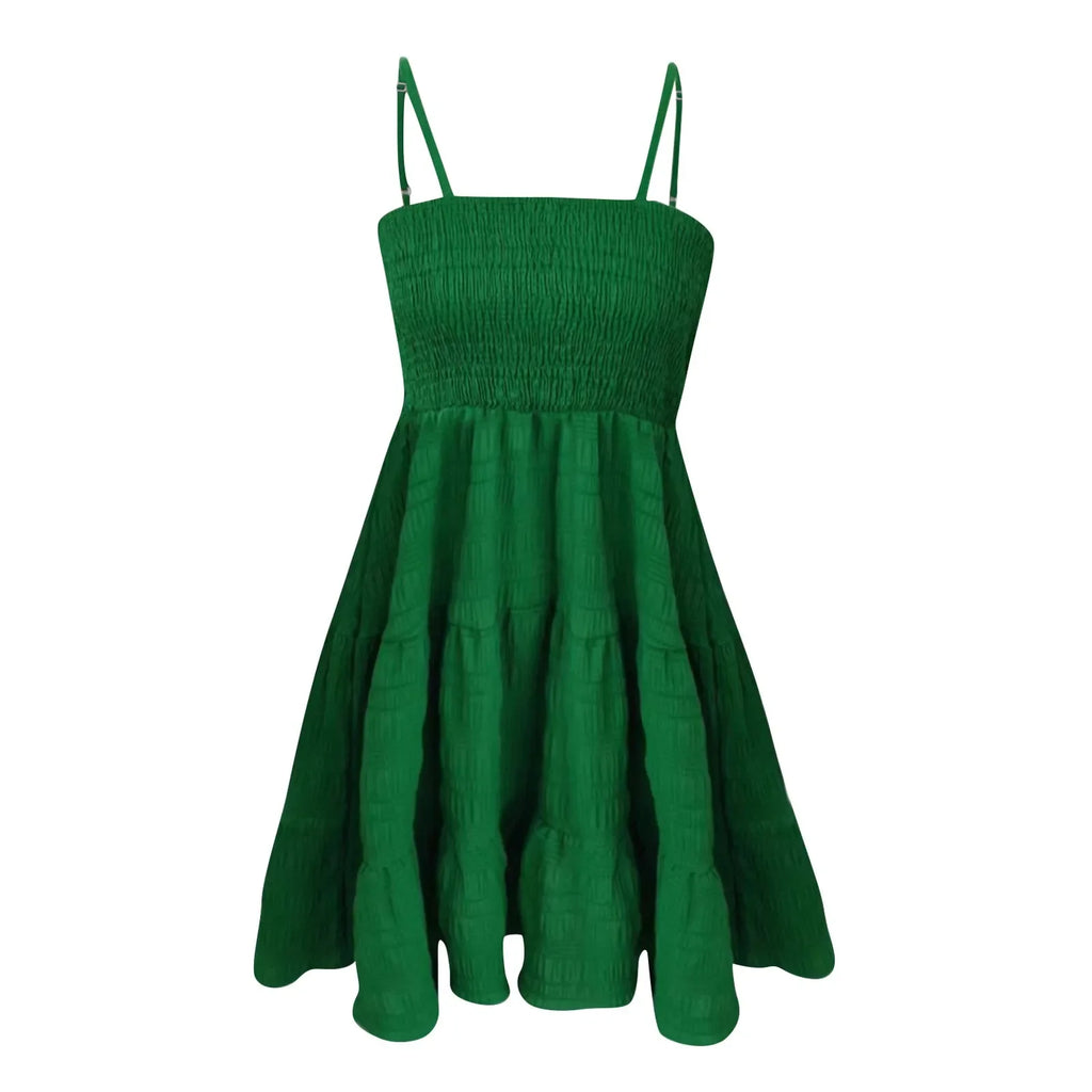 Bohemian Beach Sundress Women Sexy Sleeveless Backless Big Swing Mini Dress Solid Spaghetti Strap Ruffles Dress Summer Vestidos