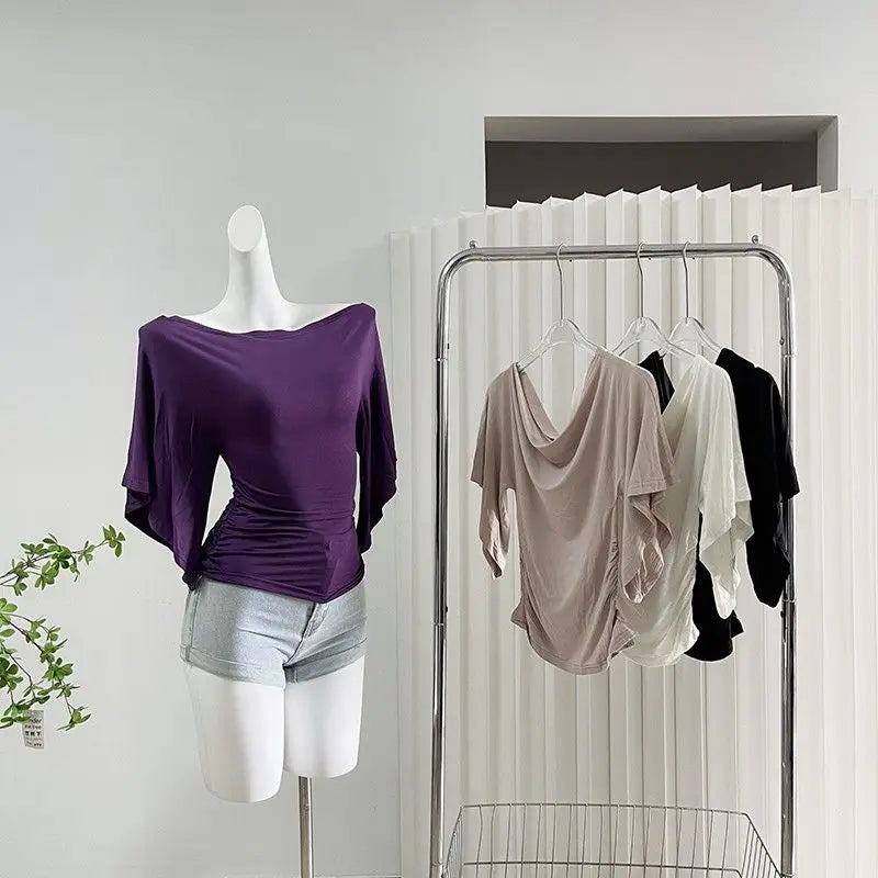 Zoyleir Women's Off-Shoulder Batwing Sleeve Slim T-Shirt