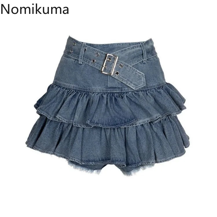 Sweet Denim Skirts Women 2025 Faldas Mujer De Moda High Waist A-line Ruffles Jupe Fashion Korean Saia Casual Summer Mini Skirt