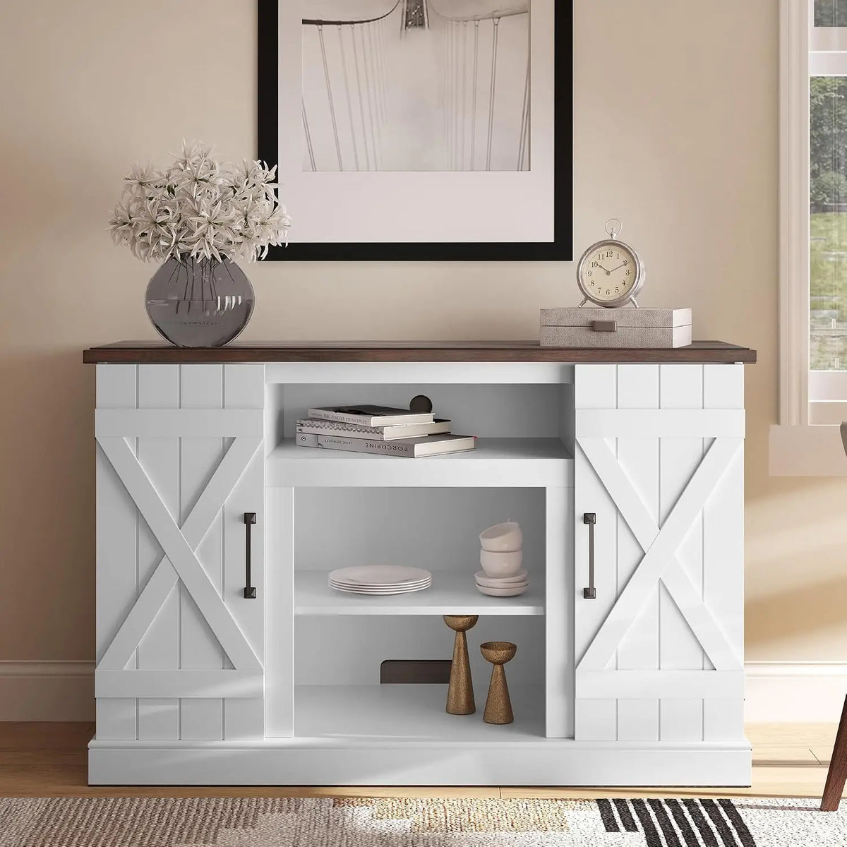 Industrial 47 Inch Rustic Wood TV Stand & Media Console for TVs up to 50 Inch with Open Storage Shelves & Cabinets, Customized