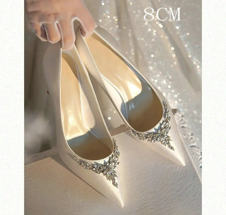 New White Women'S Bridal Wedding Shoes Silk Satin Rhinestone Crystal Shallow Pumps Stiletto High Heels