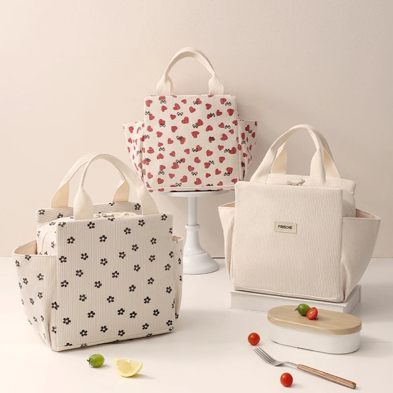 Bolsa de almuerzo de pana con aislamiento térmico, lonchera, bolso de mano, multifuncional, para niños, escuela, enfriador, bolsa de picnic, bolsa de comida