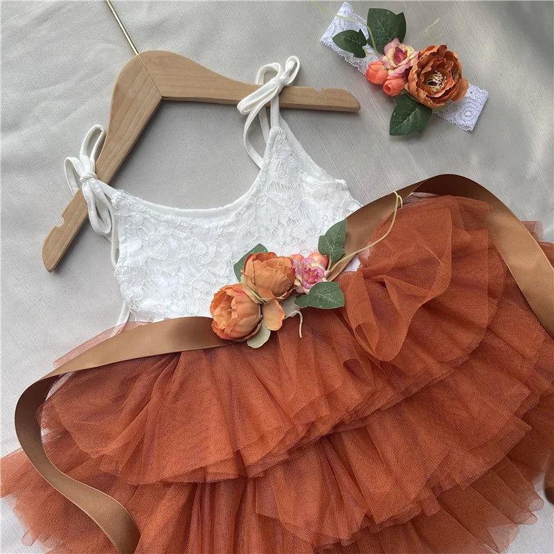 New Born Baby Girls Birthday Dress for Kids Flowers Girls Party Tutus Costume Belt Headband 3pcs Outfit Set Princess Vestidos