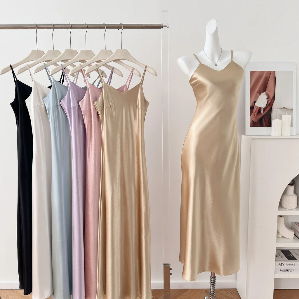 Elegant Chinese Style Satin V-Neck Sleeveless Women's Dress Slimming Waist Design Summer City Walk Long Skirt Inner Wear