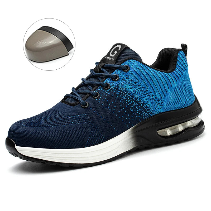 Steel Toe Work Shoes For Men Women'S Anti-Smash Anti-Puncture Blue Safety Shoes Breathable Lightweight Air Cushion Work Shoes