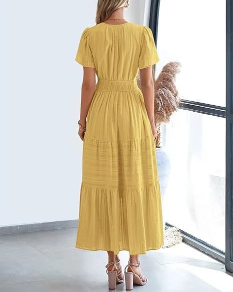 Summer Solid Color V-neck Tight Waist Dress French Style Elegant Pleated Large Swing Long Dress Casual Vacation Style Slimming M