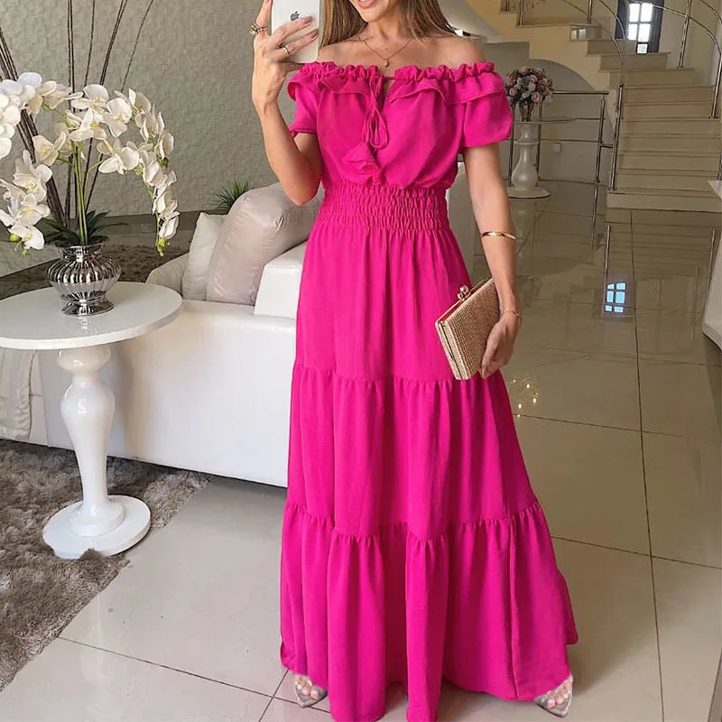 Summer Sexy Off Shoulder Slash Neck Ruffle Beach Party Dress Elegant Women Fashion Red Lace-up Pleated Holiday Long Dresses Robe