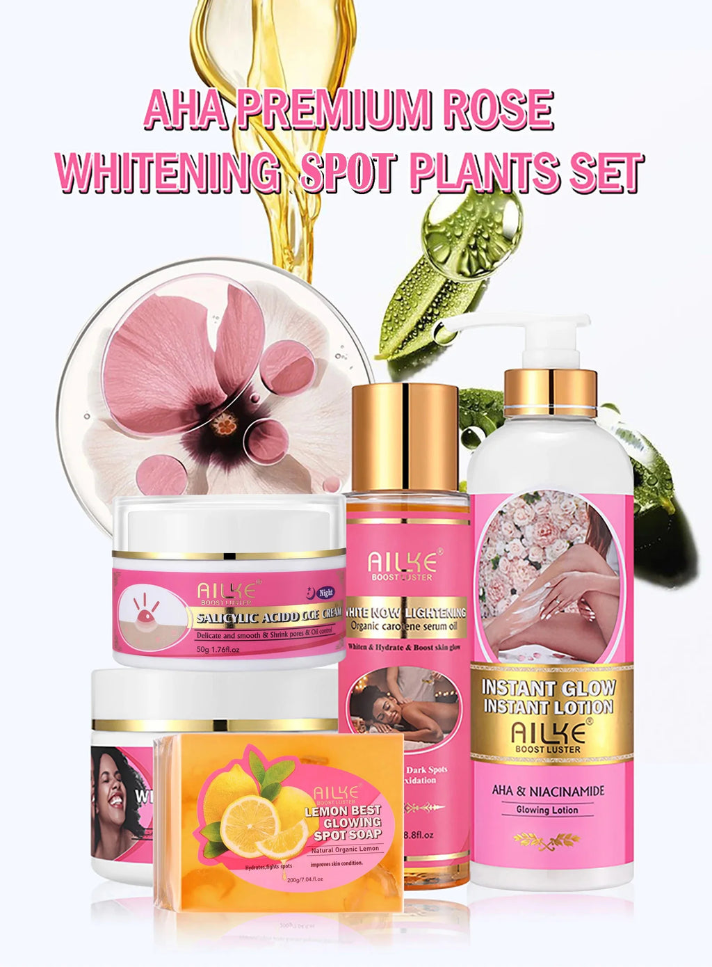 AILKE Natural Skin Brightening Set for All Skin Types, Cleaning, Dark Spots and Acne Removal, Boost Radiance, Organic, Vegan
