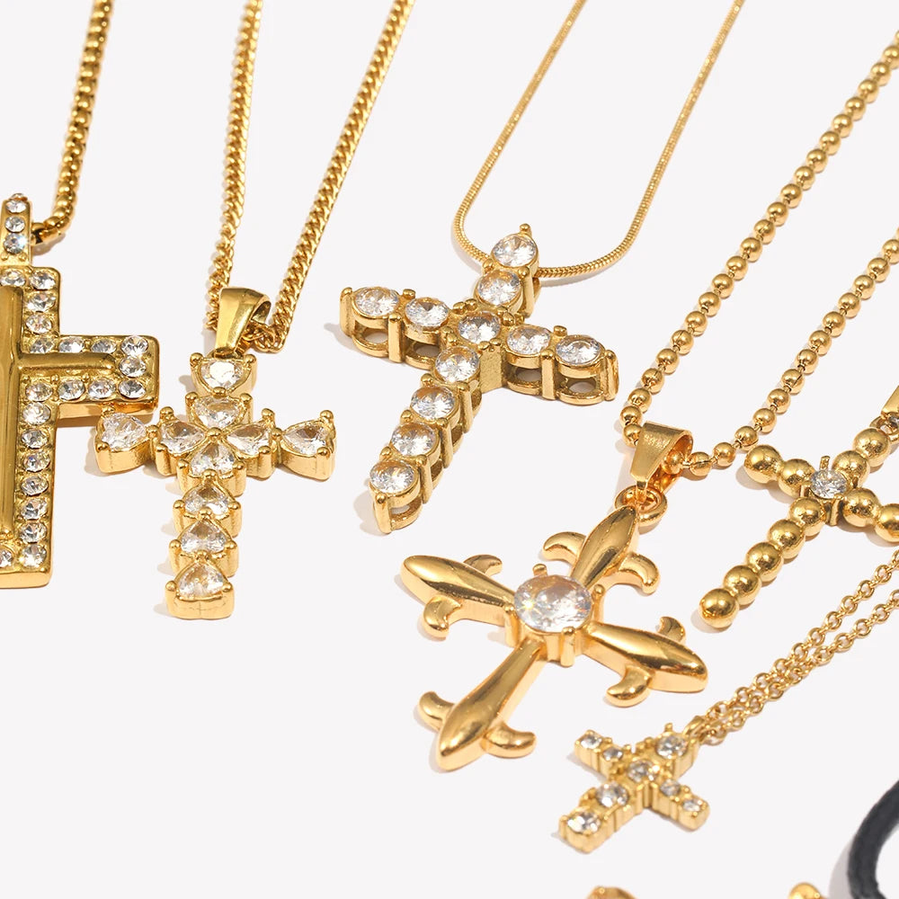 E.B.Belle Fashion Style Luxury Clear Zircon Cross Series Pendant Necklace 18K Gold Plated Stainless Steel Women'S Jewelry