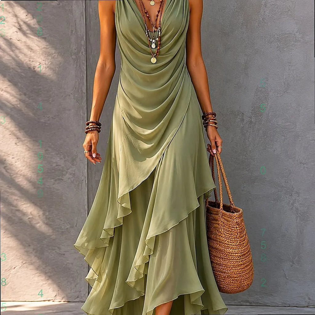 Womens V Neck Sleeveless Dress Summer Casual Long Dresses with Ruffle Hem Flowy Tiered Maxi Dresses