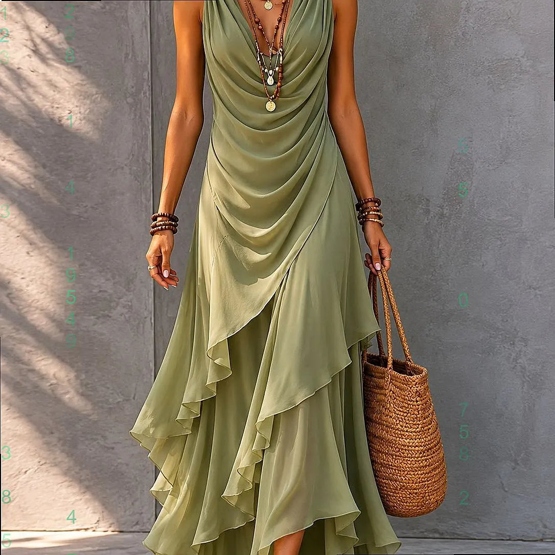 Womens V Neck Sleeveless Dress Summer Casual Long Dresses with Ruffle Hem Flowy Tiered Maxi Dresses