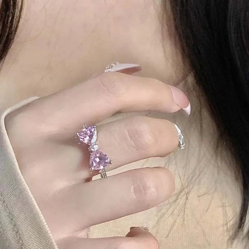 New Arrived Romantic Lovely Pink Bowknot Design Female Exquisite Jewelry Ring with Micro Bow Tie Zircon for Party and Dating