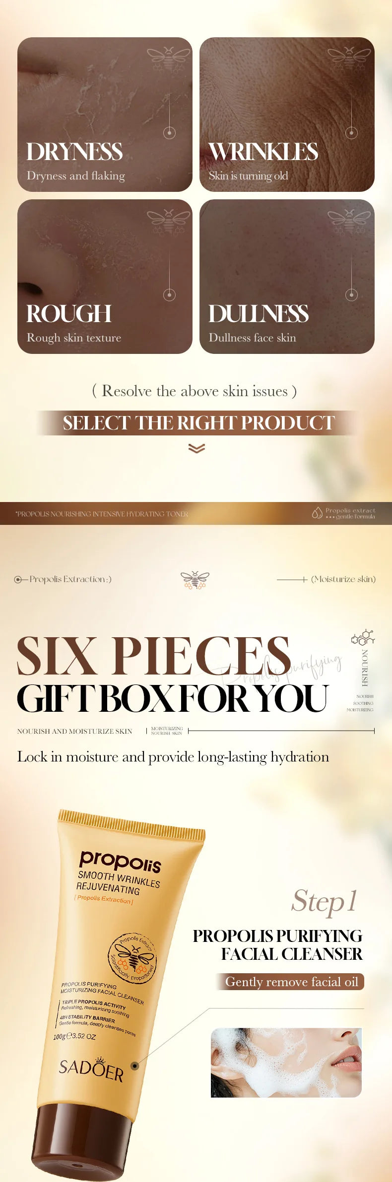 6pcs Propolis Nourishing Skincare Gift Set, Intensive Hydrating Sodium Hyaluronate Facial Kit, Barrier Repair, Smooth Wrinkles