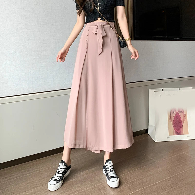 Summer Elastic Pleated Skirt Women Chiffon Trouser Skirt High Waist Casual Wide Leg Pants Fashion Streetwear Pants Pantalones