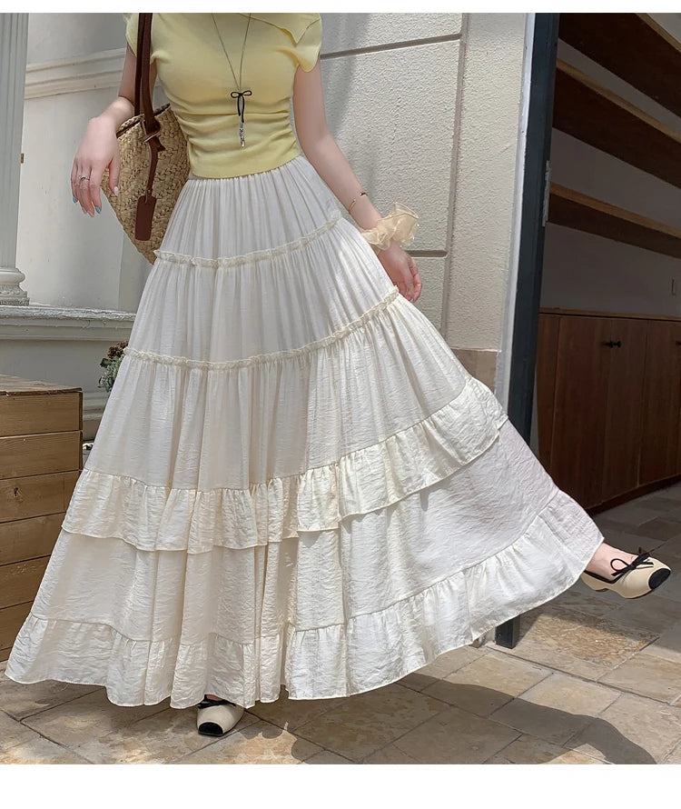 White Tiered Ruffle Hem Skirt 2025 - High Waist Flowy A-Line Maxi Skirt, Summer Chiffon Layered Skirt with Pleats
