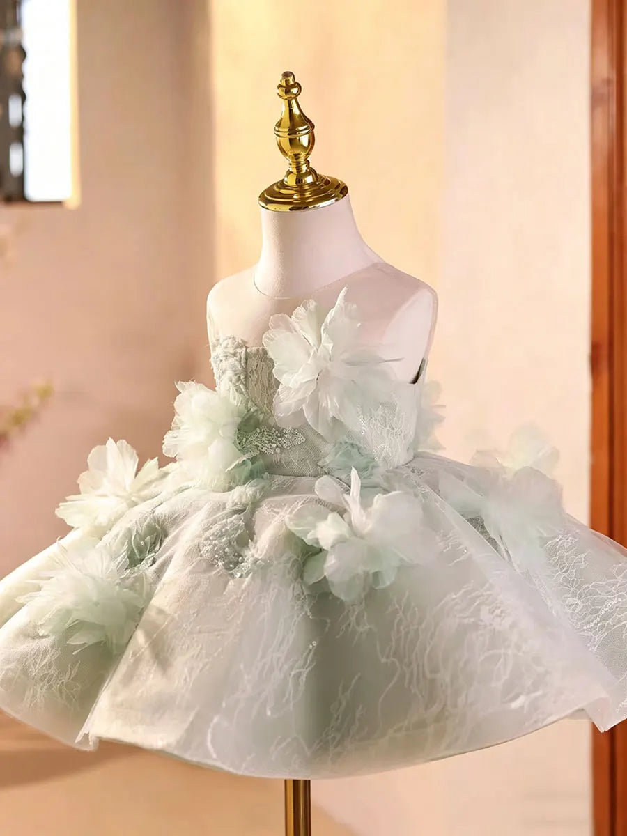 Dreamy Vow D259 Sage Green Flower Girl Dress 3D Floral Applique Kids Wedding Dress Puffy Tulle Princess Gown for Girls Birthday