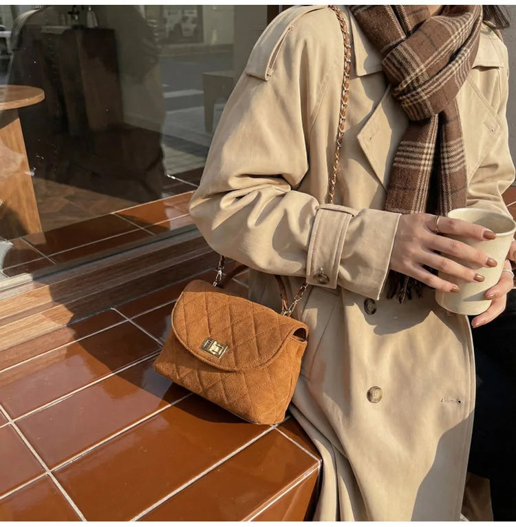 Diamond Grid Chain Crossbody Bag One Shoulder Purse Trendy Flip Top Clutch Women's Fashion Suede Leather Casual Shoulder Bag