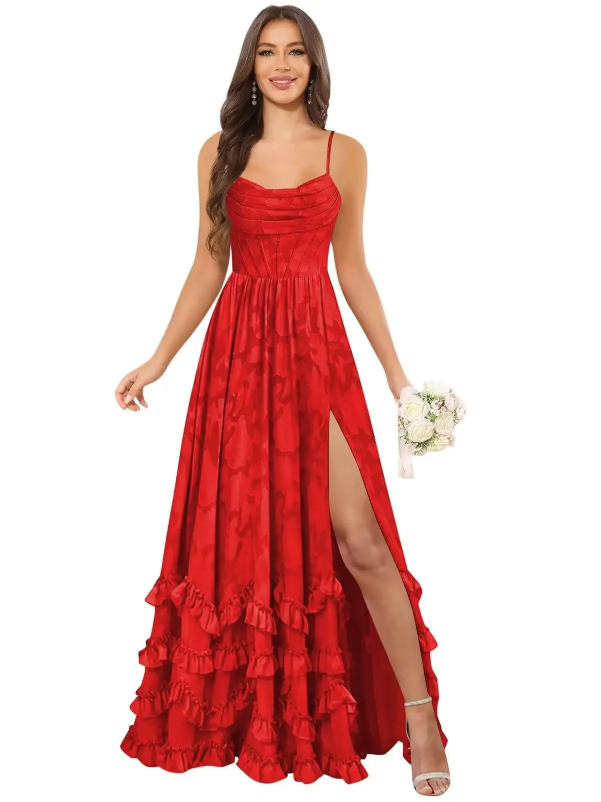 Women's Chiffon Jacquard Spaghetti Strap Floor Length Formal Evening Gown For Wedding Guest Prom Party Bridesmaid Dress