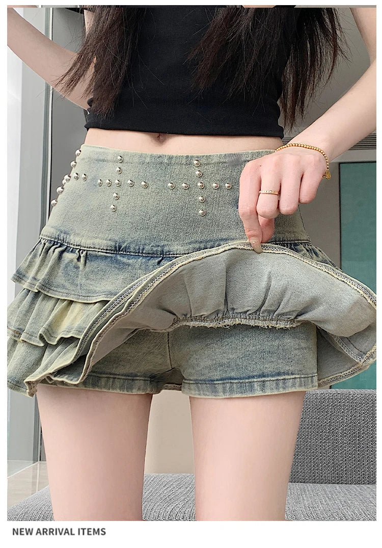 New Summer Women High Waist Slim Mini Skirt American Hot Girl Fashion Beading Sweet Ruffles Cake Hem Retro Blue Denim Skirt