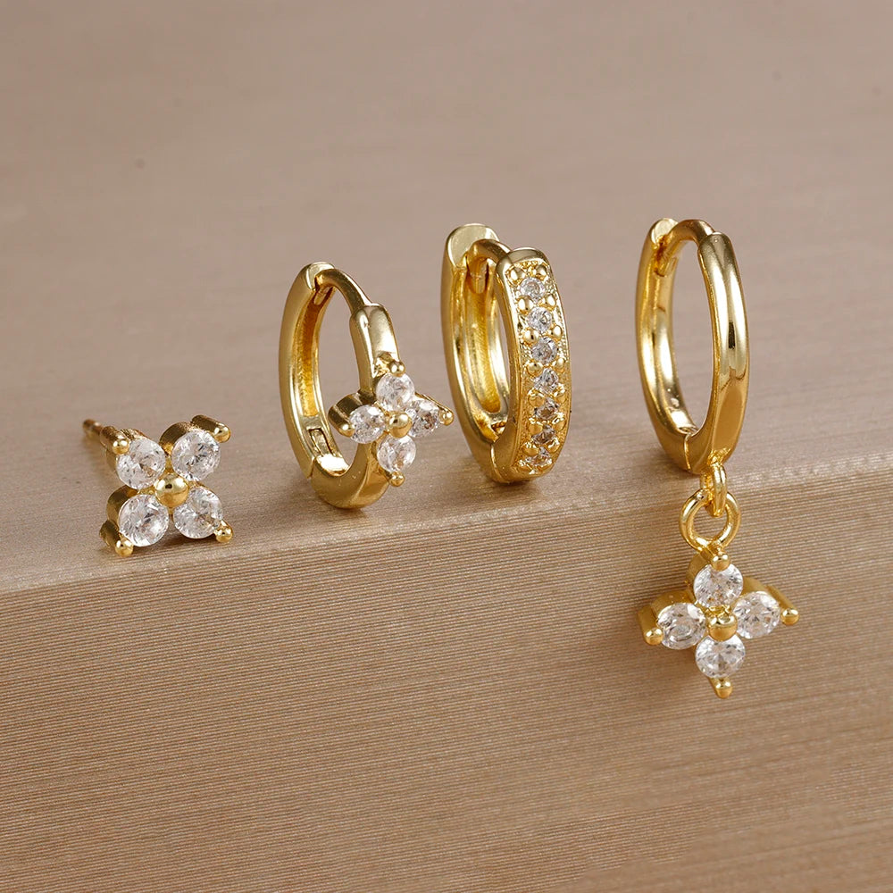 Cubic Zirconia Flower Hoop Earrings 4 Piece Set 18K Gold Plated Stainless Steel For Women
