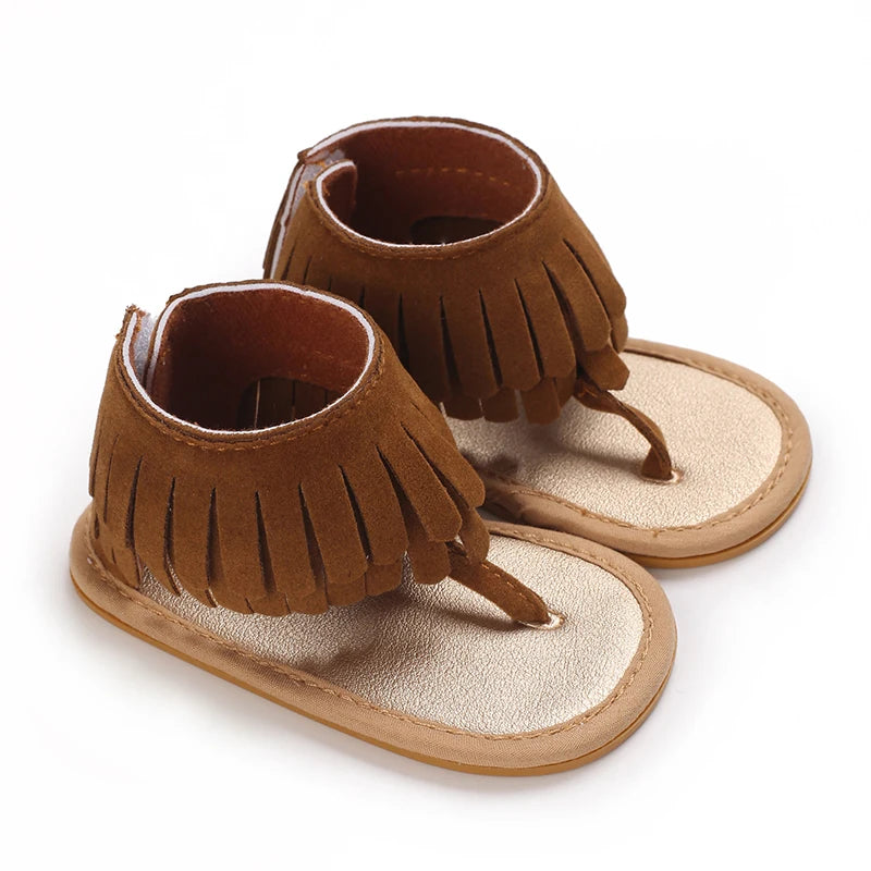 Baby Girls' Brown Leather Sandals - Soft Rubber Sole, 0-18 Months