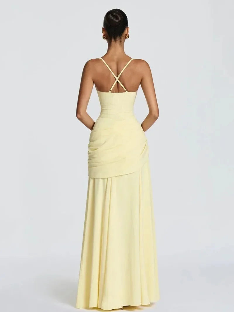 Elegant Strapless Ruched Maxi Dress Sexy Backless Lace Up Cinched Waist Slit Draped Bodycon Dresses Cocktail Party Evening Gown