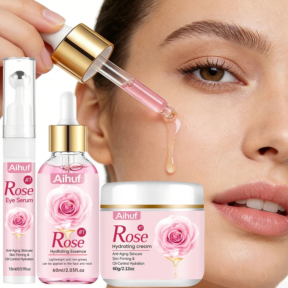 AIHUF Anti-Aging Facial Skincare Set with Rose Day Night Cream And Eye Cream for Dark Circles Puffiness Moisturizing And Firming