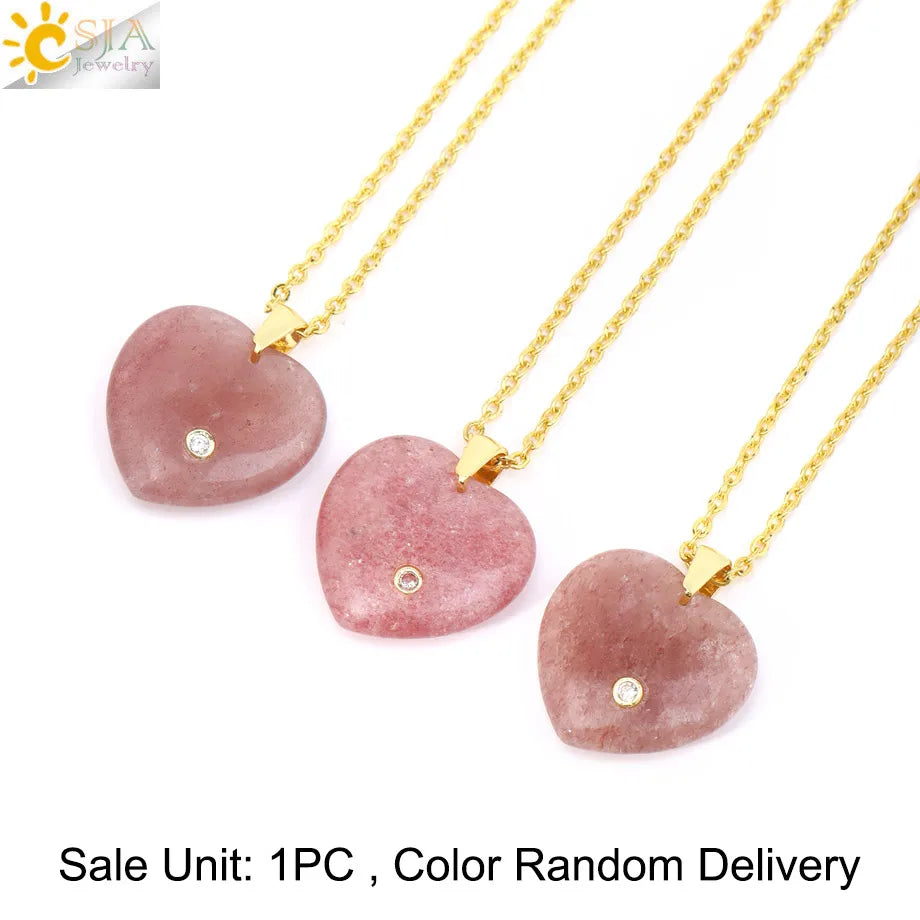 Csja Stainless Steel Heart Pendant Necklace With Natural Stone Amethyst Rose Quartz Crystal For Women DIY Jewelry Makers