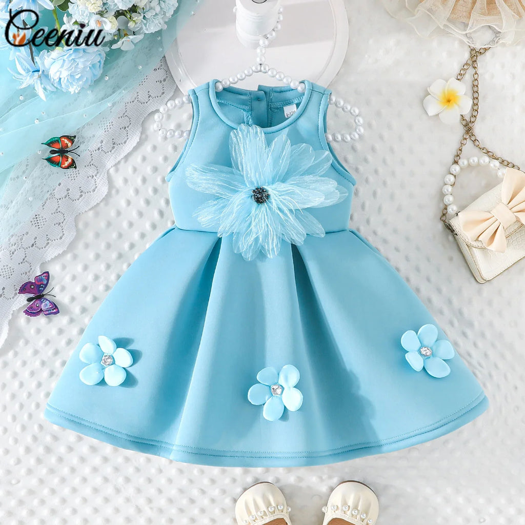 1-5Y Toddler Girl Party Dresses Sleeveless Front Fashion 3D Mesh Flower Dress For Girls Baby Kids Clothes Girls Birthday Gown